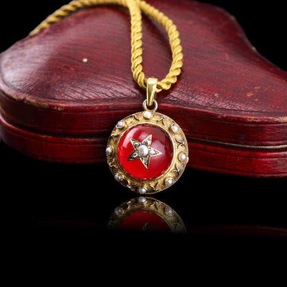 Antique Victorian Diamond & Pearl Star Necklace with Red Rock Crystal Cabochon 15ct Gold - c.1880