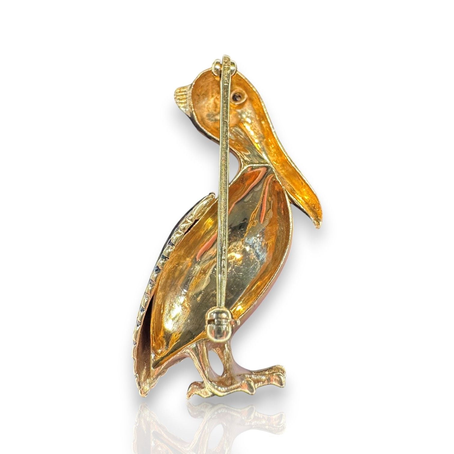 Vintage Enamel and Gold Pelican Brooch with Ruby Eye