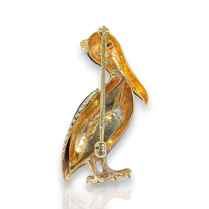 Vintage Enamel and Gold Pelican Brooch with Ruby Eye