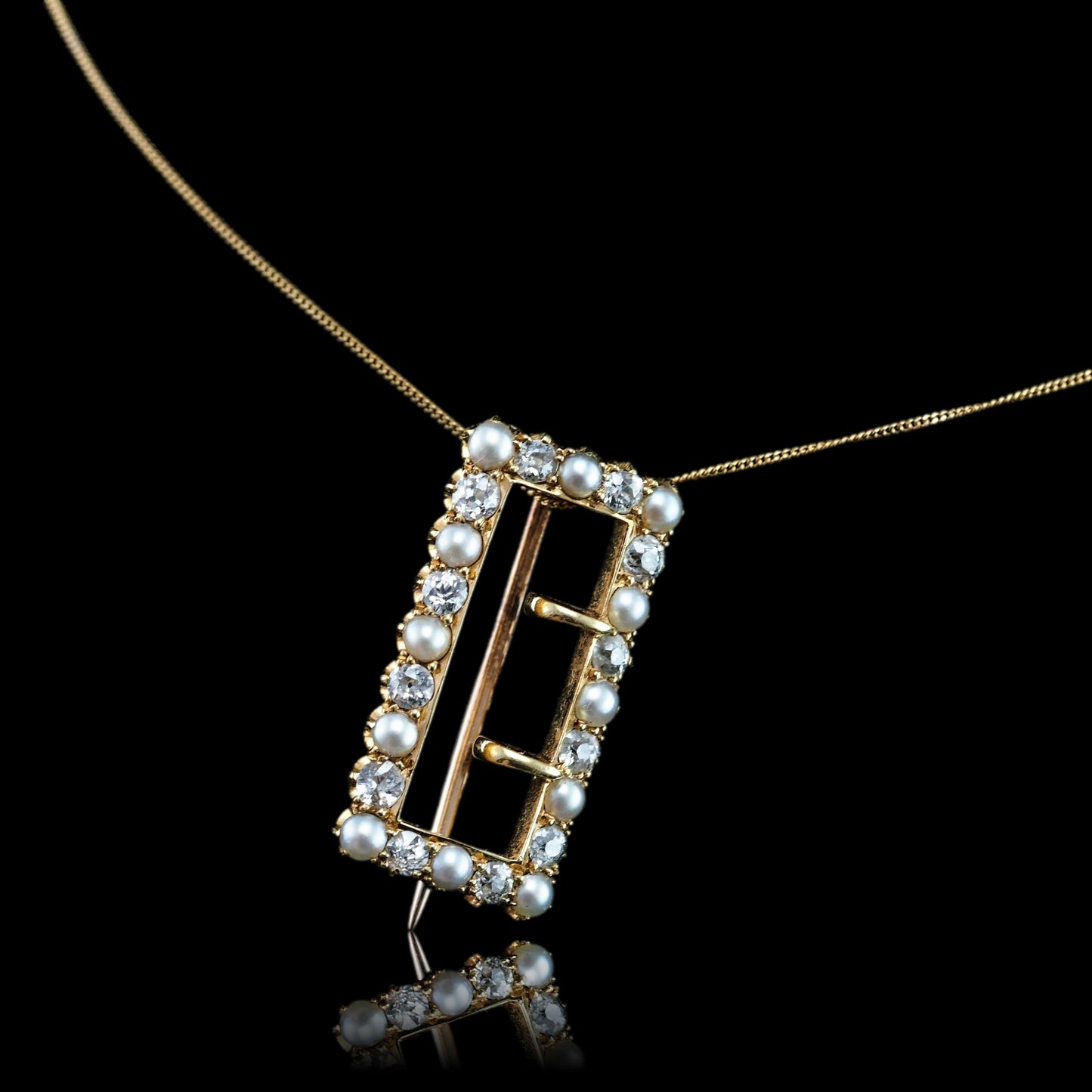 Antique Victorian Diamond Pearl Brooch/Pendant Buckle Shape 18K Gold - c.1890