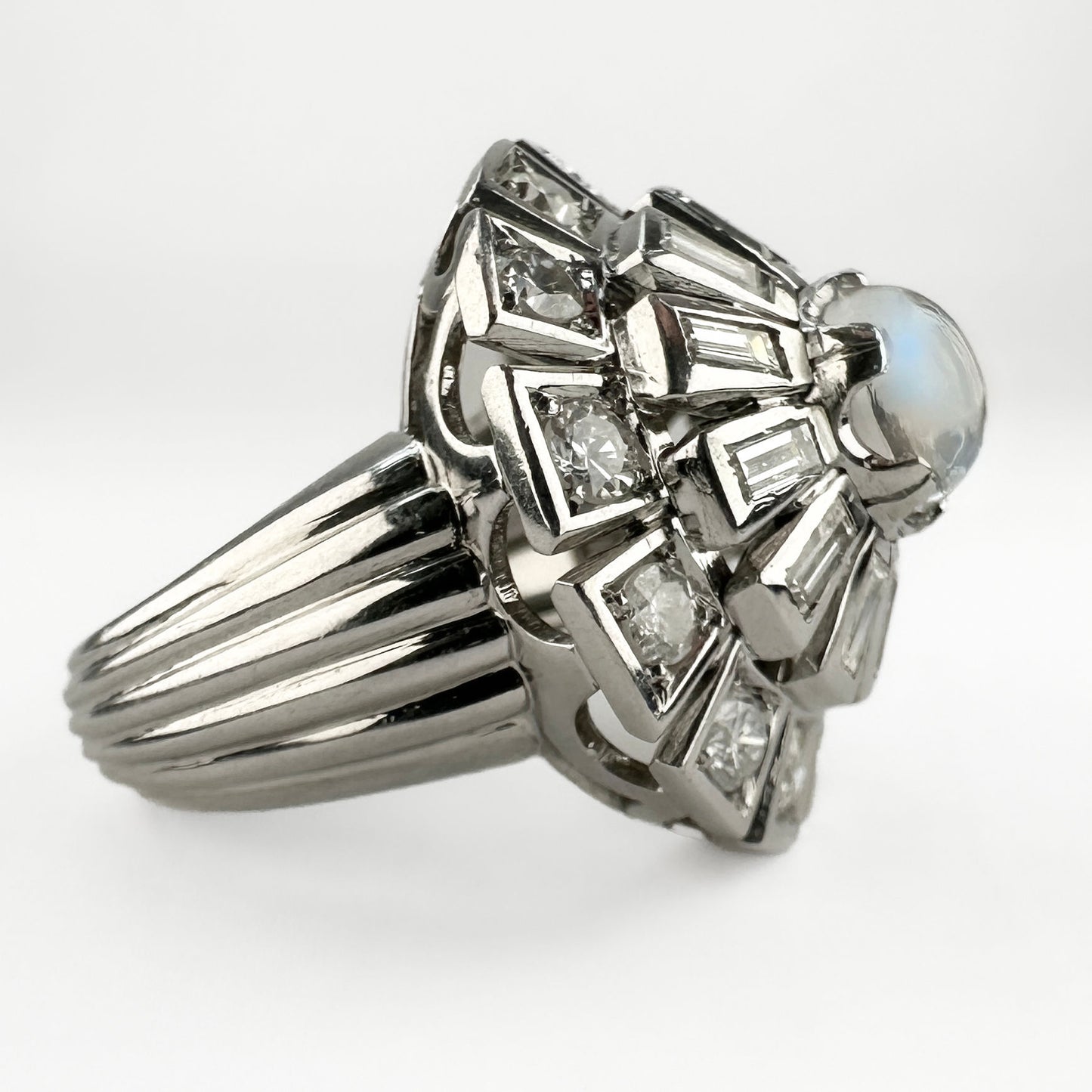 Vintage 1960s Moonstone and Diamond Cluster Cocktail Ring in Platinum