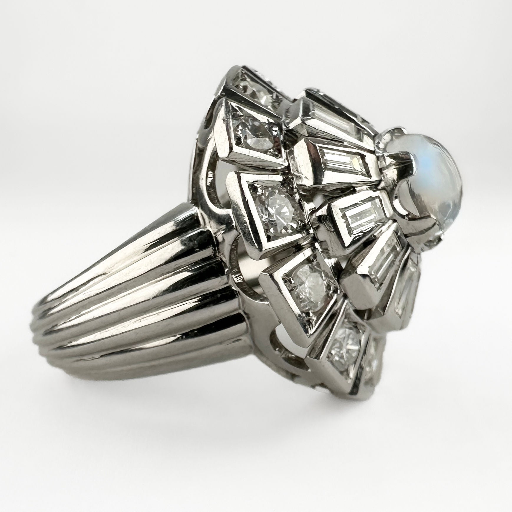 Vintage 1960s Moonstone and Diamond Cluster Cocktail Ring in Platinum