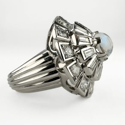 Vintage 1960s Moonstone and Diamond Cluster Cocktail Ring in Platinum