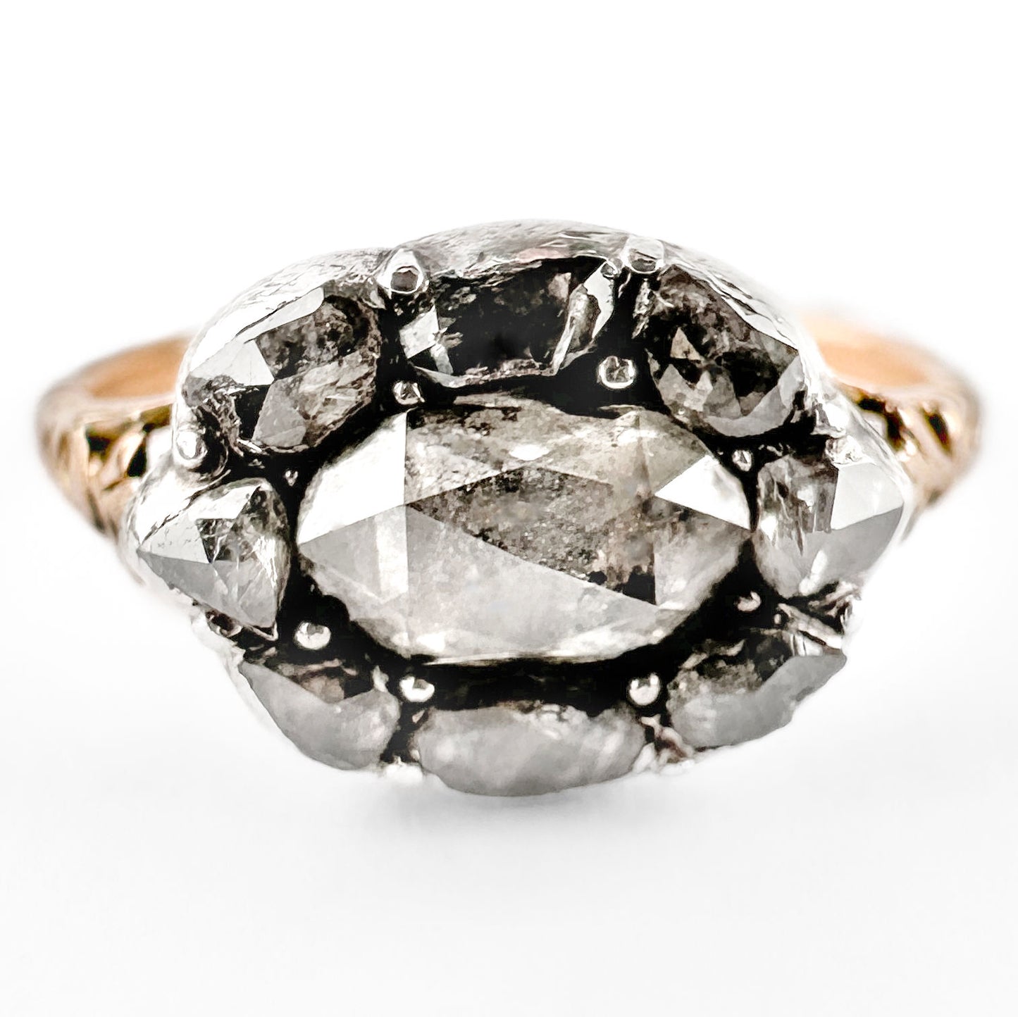 Late Georgian Antique Rose Cut Diamond Cluster Engagement Ring in Silver to 15ct Rose Gold