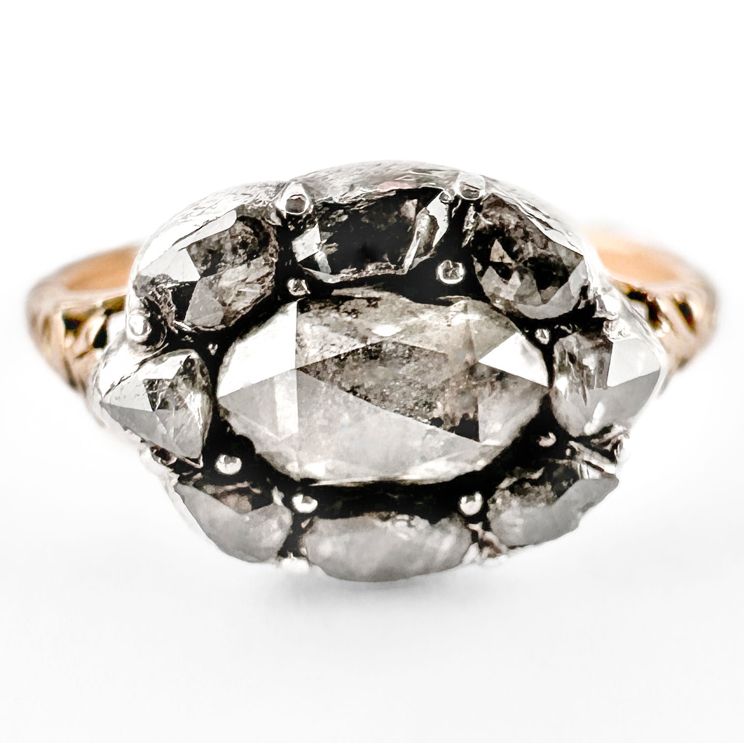 Late Georgian Antique Rose Cut Diamond Cluster Engagement Ring in Silver to 15ct Rose Gold