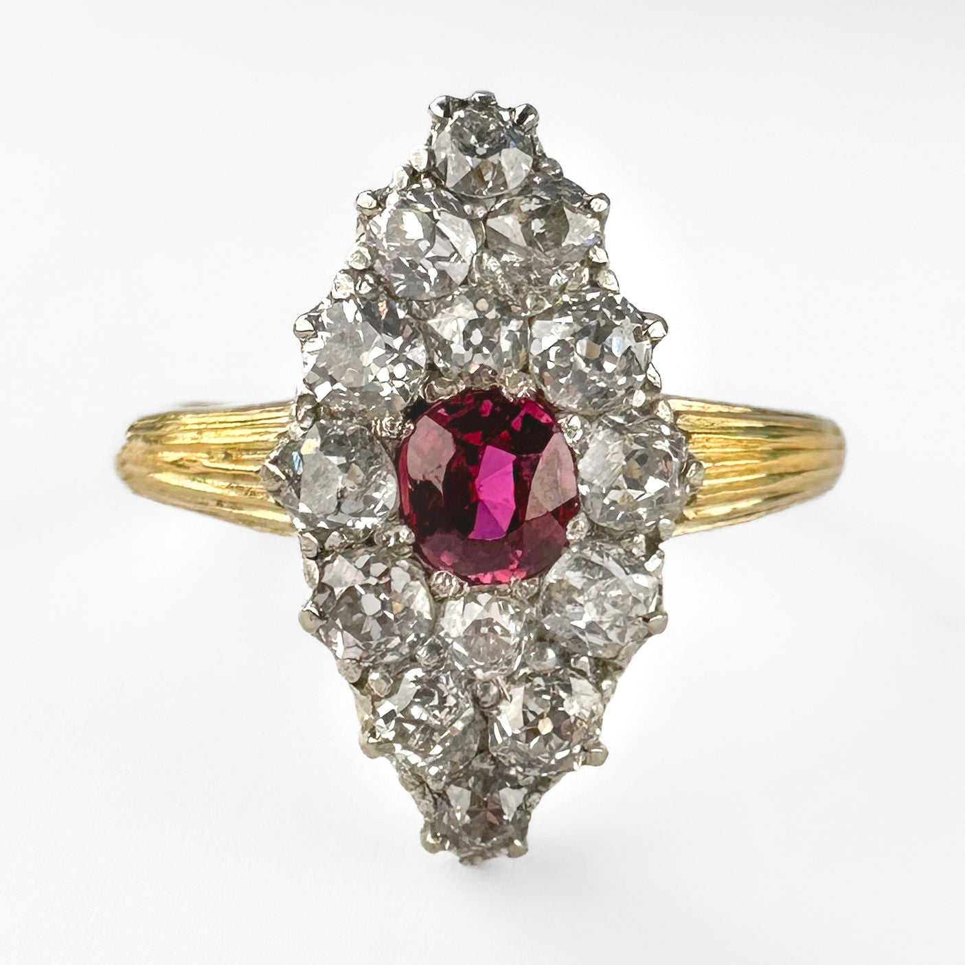 Antique Burma Ruby and Old Cut Diamond Marquise Navette Cluster Ring