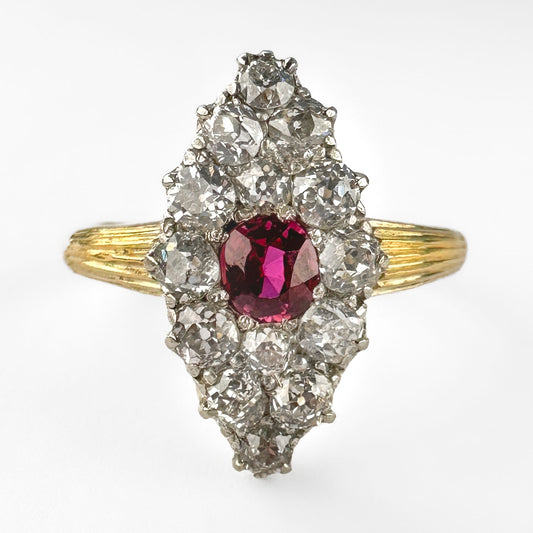 Antique Burma Ruby and Old Cut Diamond Marquise Navette Cluster Ring
