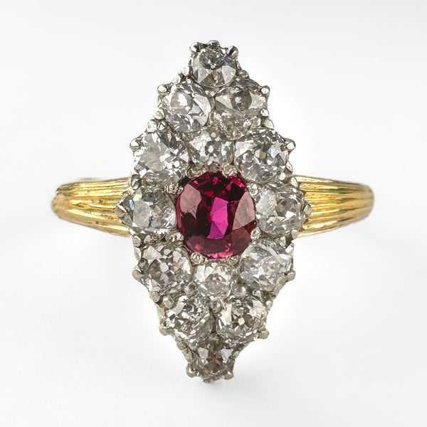 Antique Burma Ruby and Old Cut Diamond Marquise Navette Cluster Ring