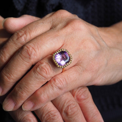 Antique Edwardian 18K Gold Amethyst & Pearl Ring Emerald Cut - c.1900