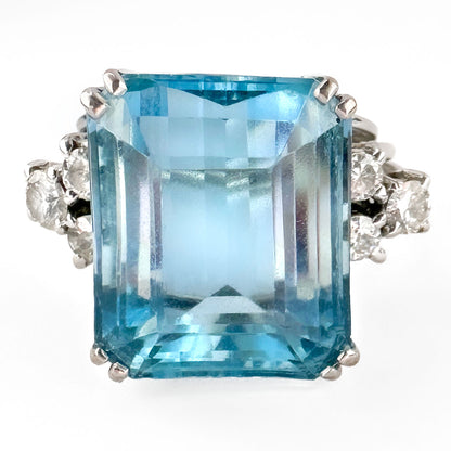 Vintage 13cts Emerald Cut Aquamarine and Diamond Cocktail Ring
