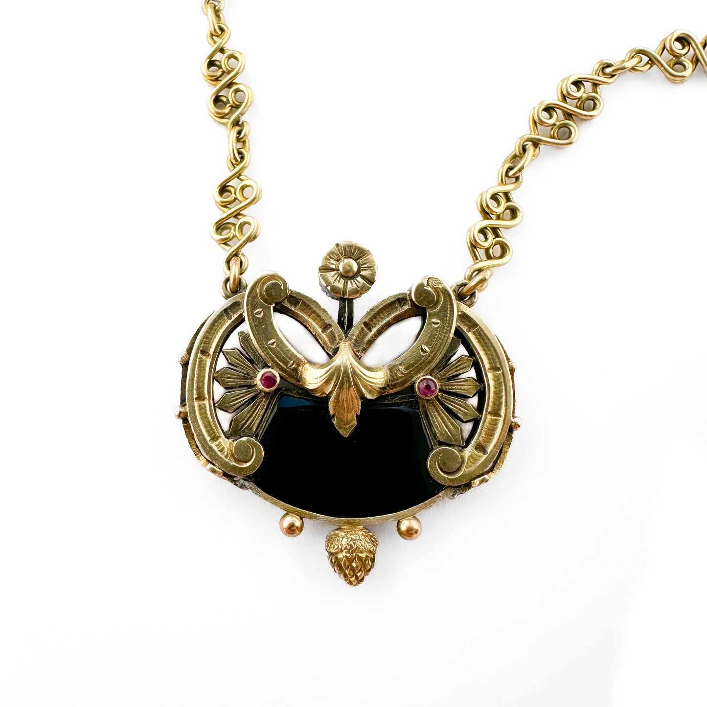Antique French Art Nouveau Black Onyx and Diamond Pendant Necklace with Ruby