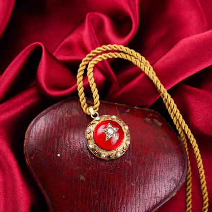 Antique Victorian Diamond & Pearl Star Necklace with Red Rock Crystal Cabochon 15ct Gold - c.1880