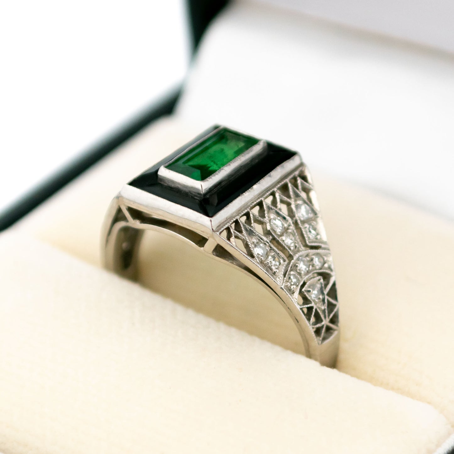 Vintage Platinum, Emerald, Onyx and Diamond Dress Ring, 0.60 Carat