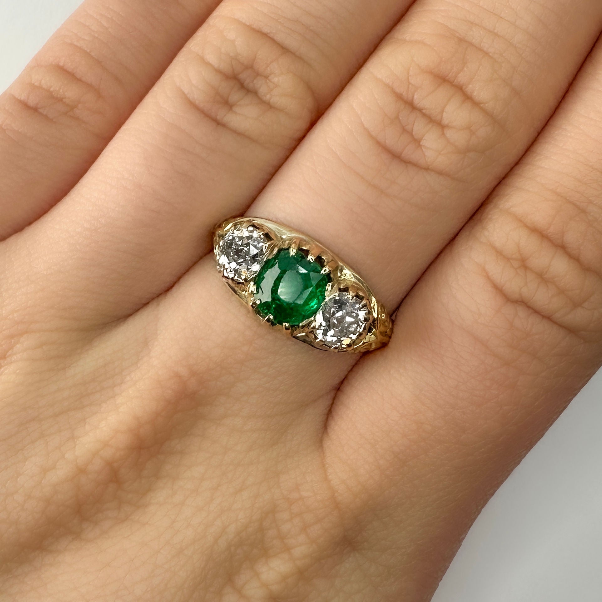 Antique Emerald Diamond 3 Stone Ring In 18 Carat Yellow Gold