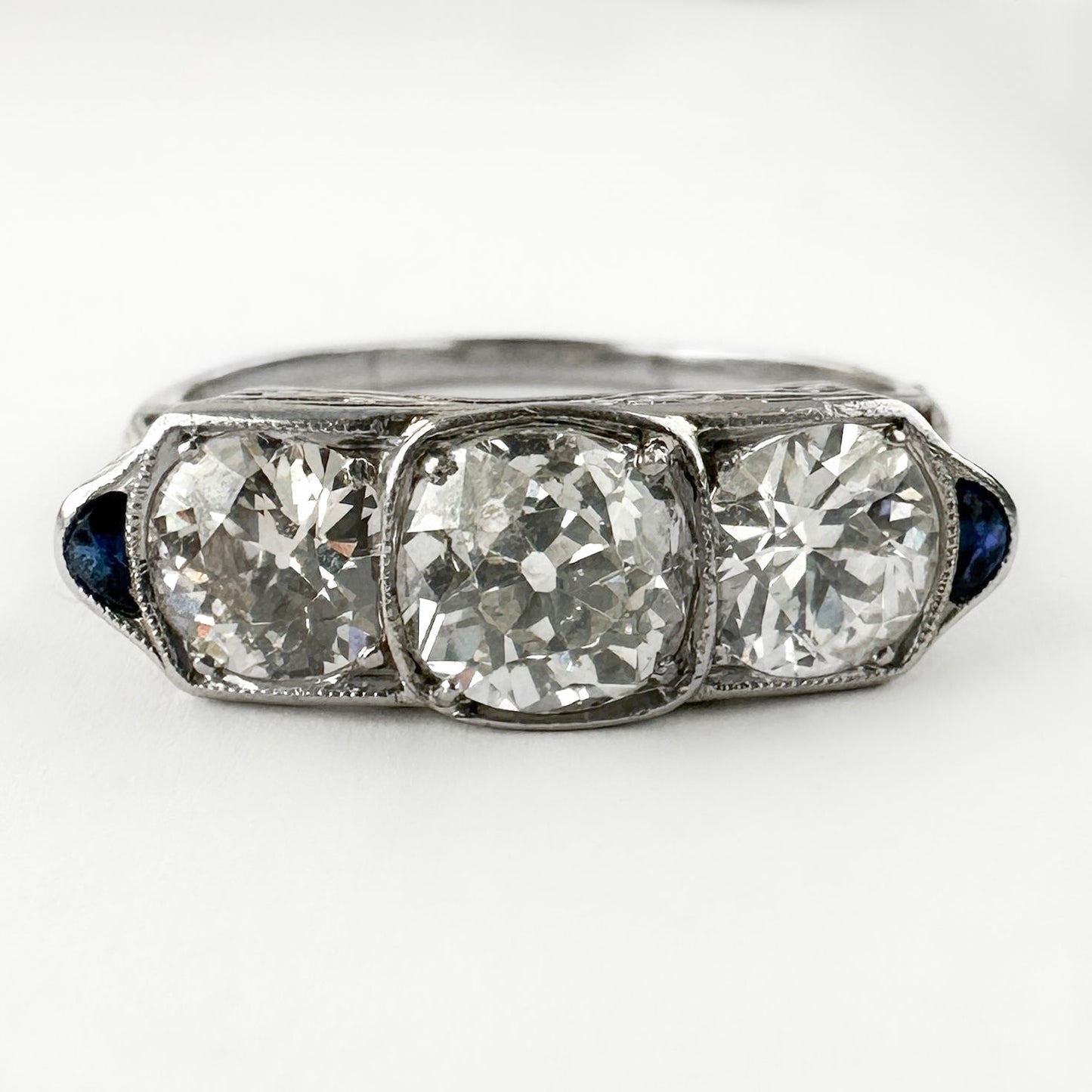 Vintage Art Deco 2.5ct Old Cut Three Stone Engagement Ring