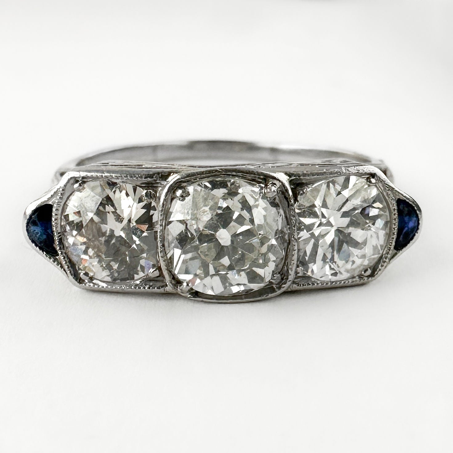 Vintage Art Deco 2.5ct Old Cut Three Stone Engagement Ring