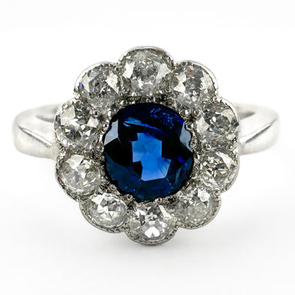 Edwardian Antique Ceylon Sapphire and Diamond Cluster Engagement Ring in Platinum