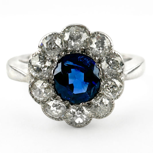 Edwardian Antique Ceylon Sapphire and Diamond Cluster Engagement Ring in Platinum