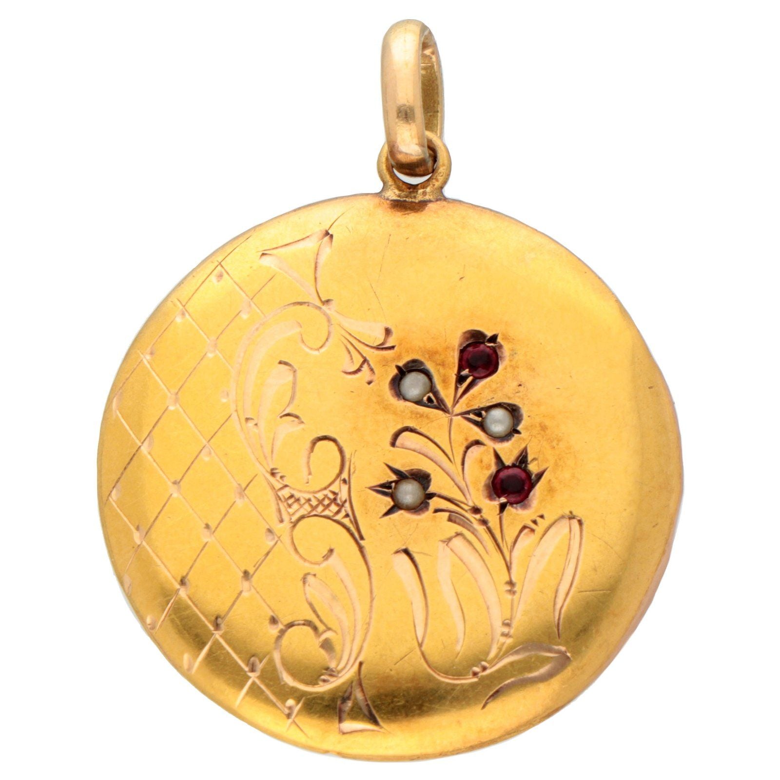Vintage 14 Carat Yellow Gold Garnet and Seed Pearl Round Locket
