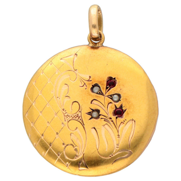Vintage 14 Carat Yellow Gold Garnet and Seed Pearl Round Locket