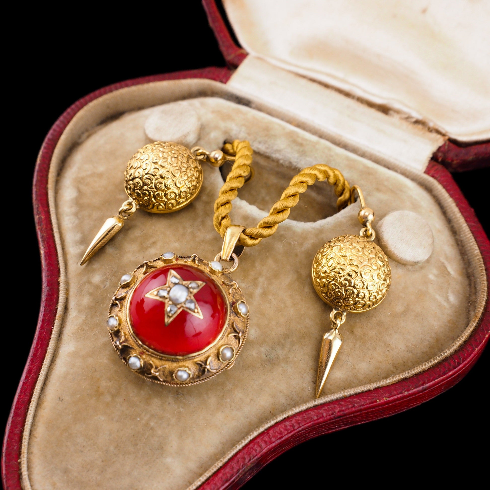 Antique Victorian Diamond & Pearl Star Necklace with Red Rock Crystal Cabochon 15ct Gold - c.1880