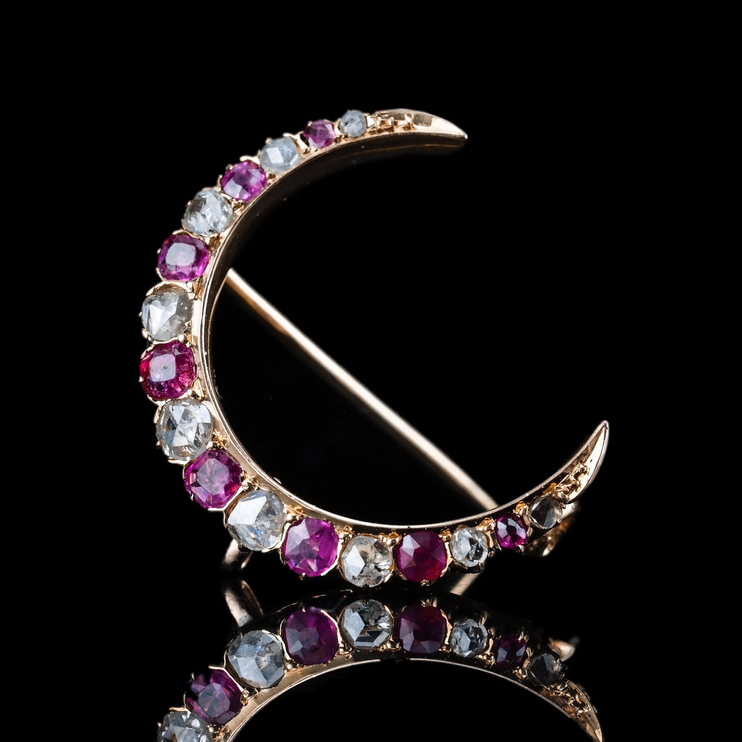 Victorian Antique Victorian Ruby and Old Cut Diamond Crescent Brooch