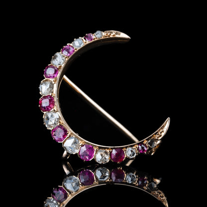 Victorian Antique Victorian Ruby and Old Cut Diamond Crescent Brooch