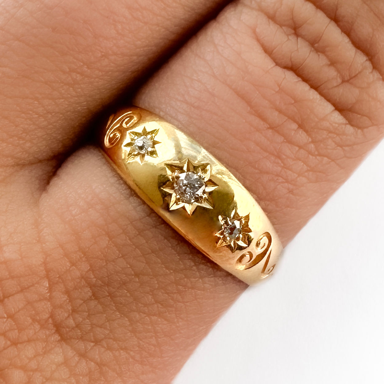 Victorian 3 Stone Diamond Gypsy Ring With Scroll Detailing