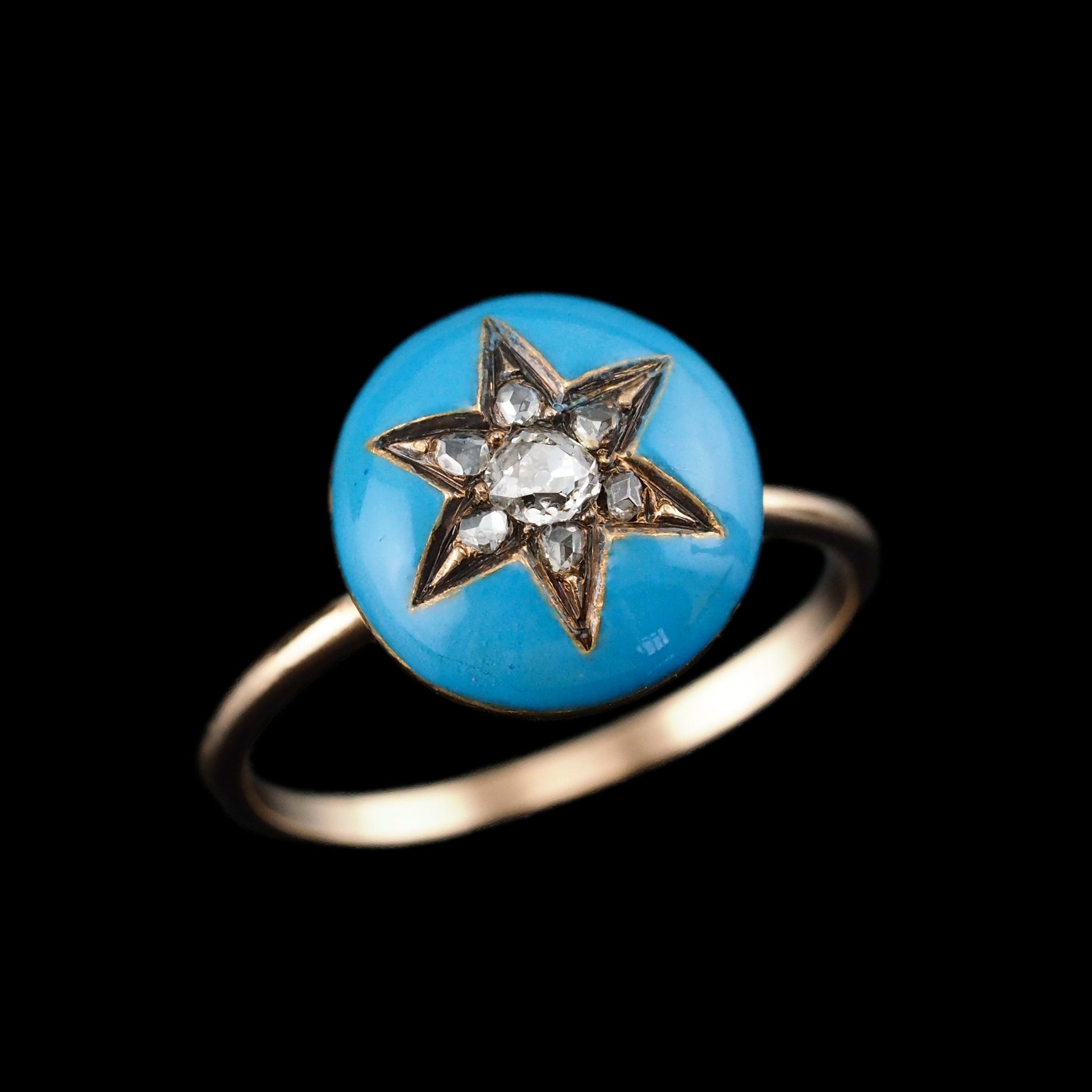 Antique Victorian Diamond Star Ring 9ct Gold Blue Enamel Cabochon - c.1890