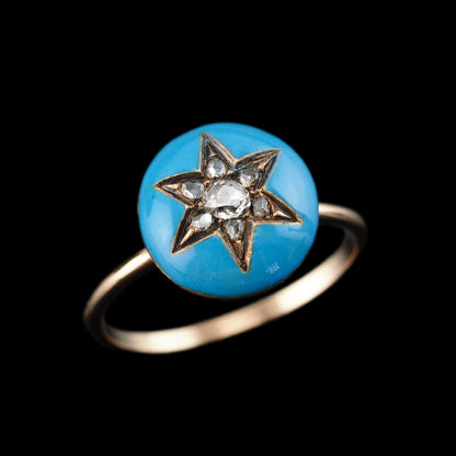 Antique Victorian Diamond Star Ring 9ct Gold Blue Enamel Cabochon - c.1890