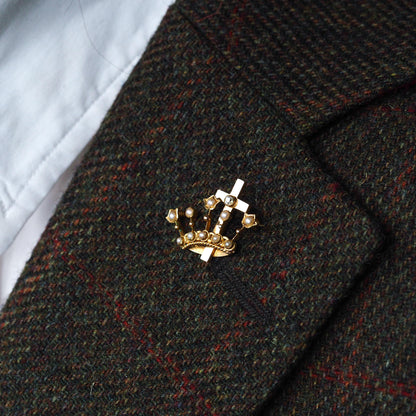 Antique Crown/Coronet Brooch Diamond & Pearls with Cross 15K Gold - c.1890