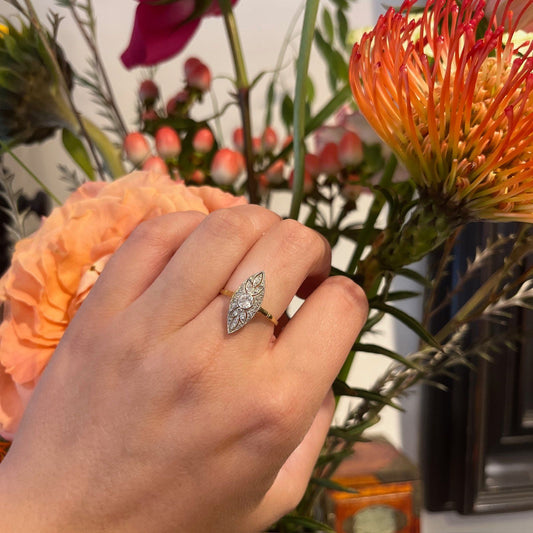 Art Deco Old Cut Diamond Marquise Shape Cluster Navette Ring