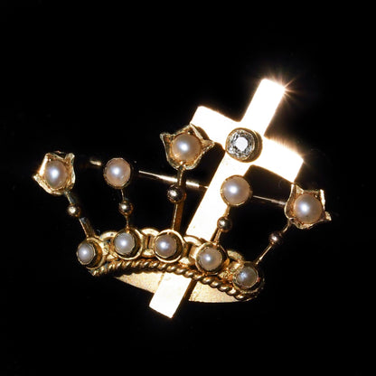 Antique Crown/Coronet Brooch Diamond & Pearls with Cross 15K Gold - c.1890