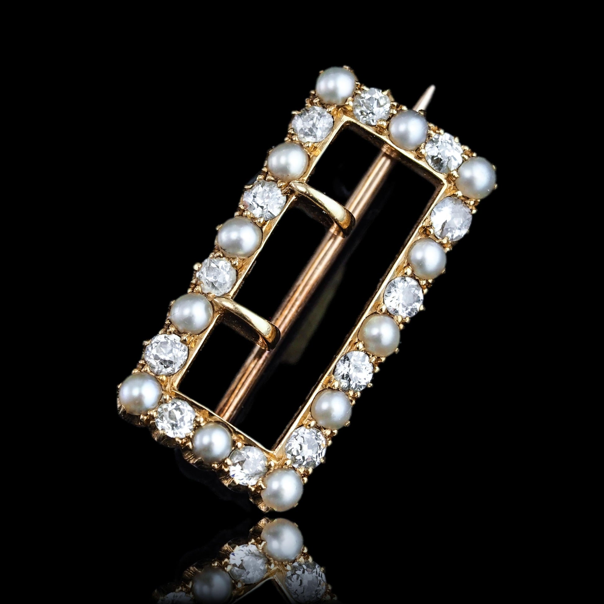 Antique Victorian Diamond Pearl Brooch/Pendant Buckle Shape 18K Gold - c.1890
