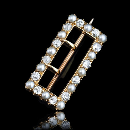 Antique Victorian Diamond Pearl Brooch/Pendant Buckle Shape 18K Gold - c.1890