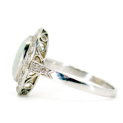 Opal and Old Mine Cut Diamond Cluster Engagement Ring in Platinum