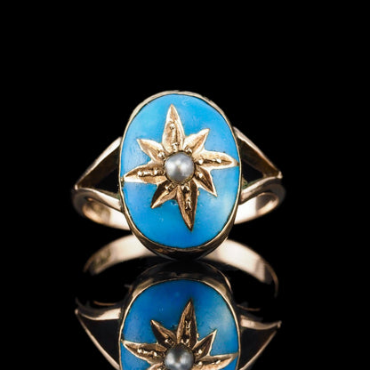 Antique Victorian Blue Enamel & Gold Star Pearl Ring 9K Gold - c.1880