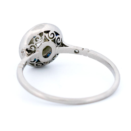 1ct Old European Cut Diamond and Sapphire Halo Target Cluster Ring in Platinum