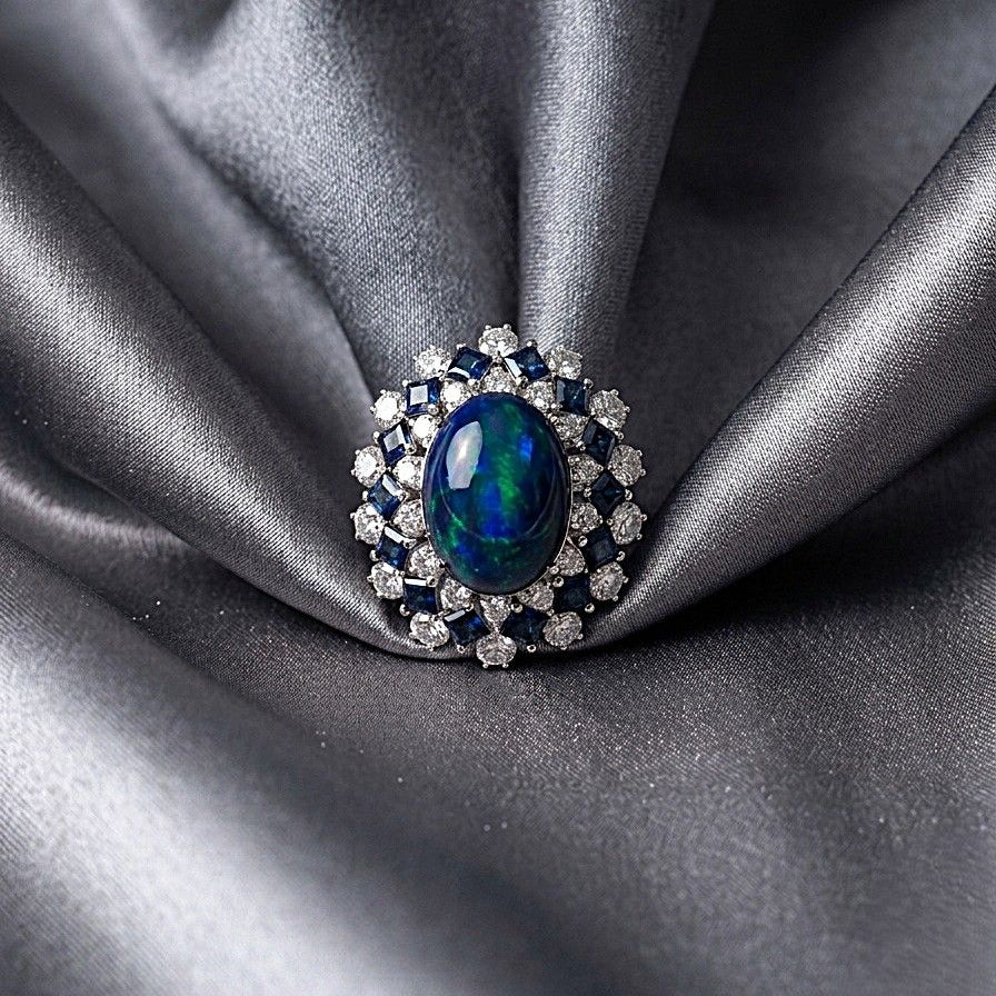 9.0 Ct. Australian Black Opal Diamond Sapphire Platinum Ring