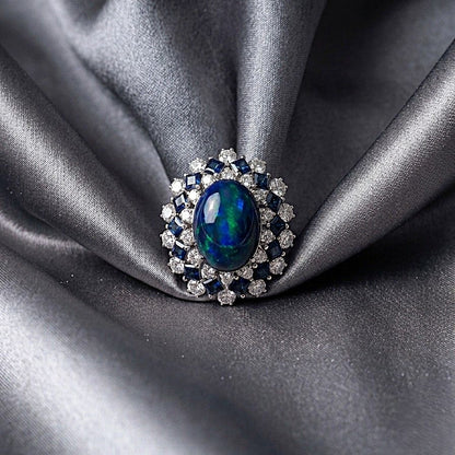 9.0 Ct. Australian Black Opal Diamond Sapphire Platinum Ring