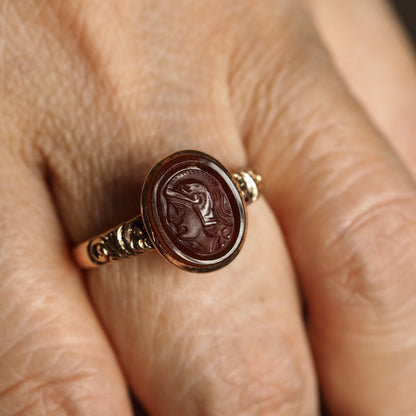 Antique Georgian Cameo Ring 10K Gold with Roman Soldier Engraving - c.1820