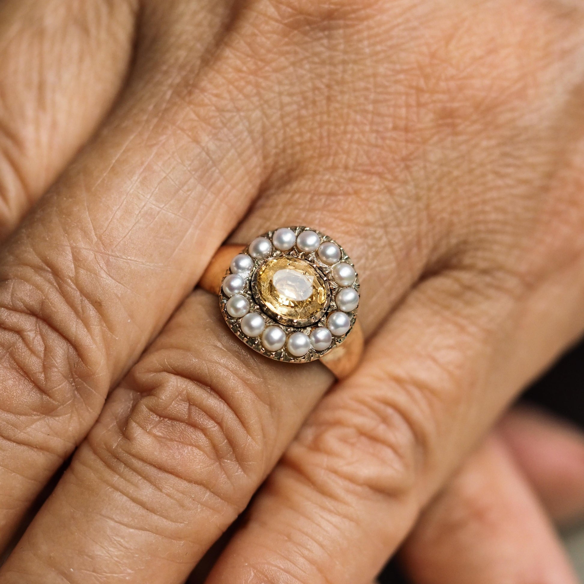Georgian Antique Citrine and Pearl Cluster Ring