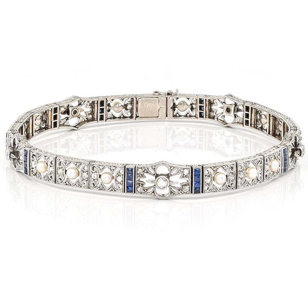 Edwardian Antique Natural Pearl Diamond and Sapphire Filigree Bracelet