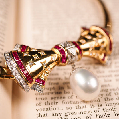 A Fine Vintage 18ct Gold Ruby Diamond and Pearl Bow Necklace