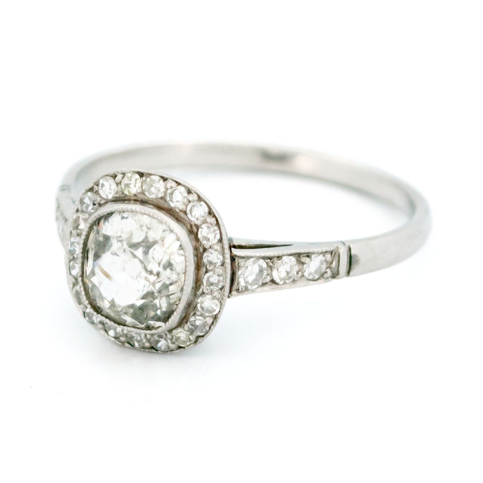 Cushion-Cut Diamond and Platinum Halo Target Cluster Ring, 0.91 Carat Centre