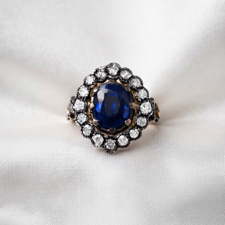 Edwardian Style 2.77ct Natural No Heat Cobalt Blue Sapphire and Diamond Cluster Engagement Ring