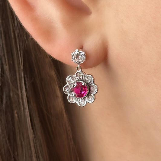 Vintage Ruby and Diamond Flower Cluster Drop Earrings
