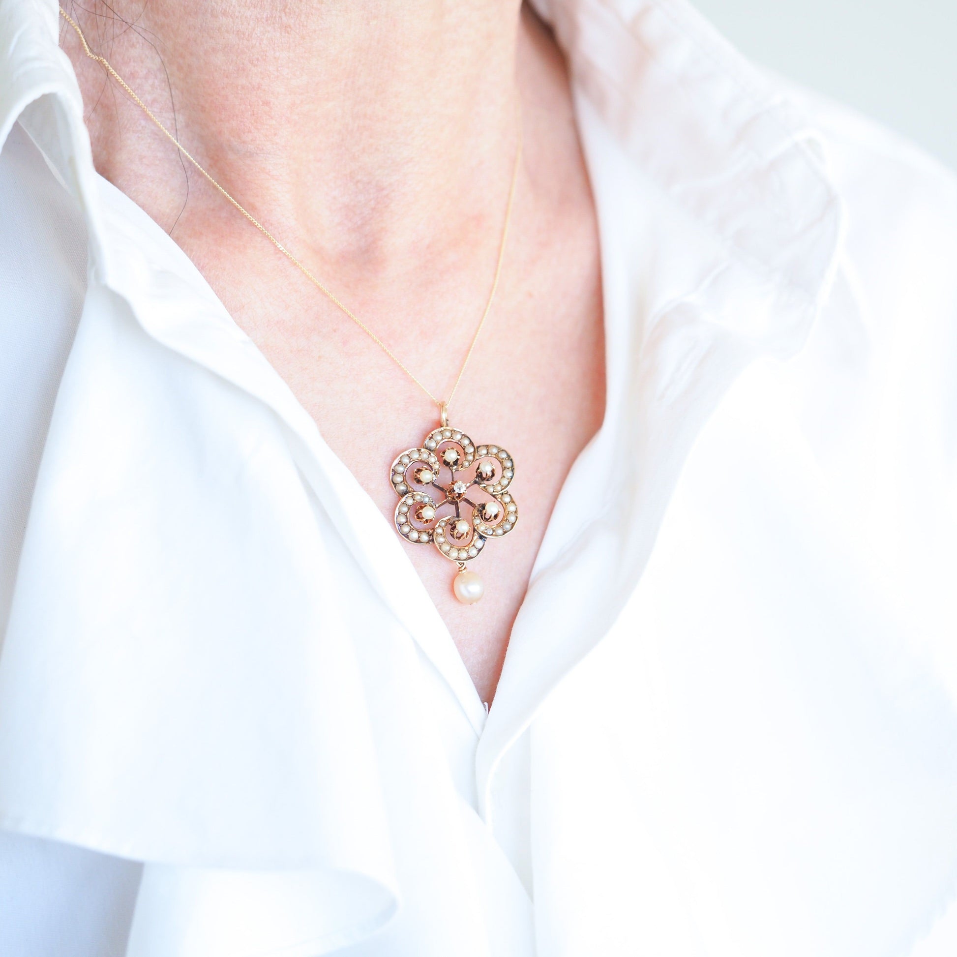 Antique Victorian Diamond & Pearl Pendant Necklace 14K Gold - c.1900