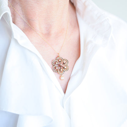 Antique Victorian Diamond & Pearl Pendant Necklace 14K Gold - c.1900