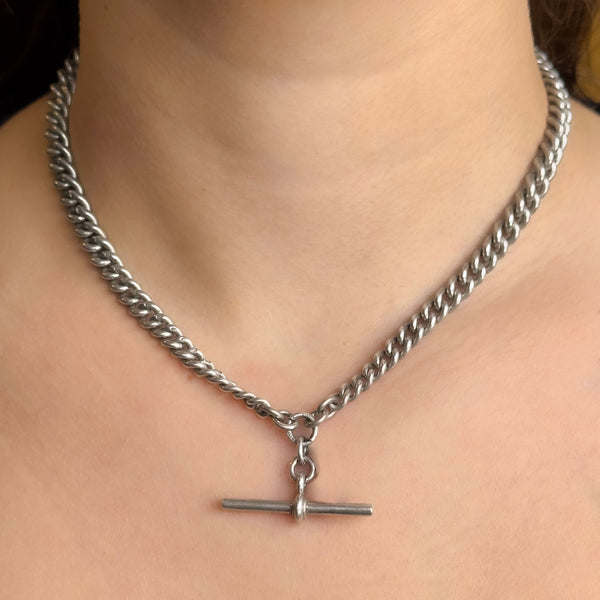 Edwardian Antique Silver Albert Chain Necklace With T-Bar